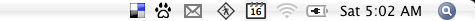 Delibar, TigerLaunch, the old Gmail Notifier, SharingMenu, MenuCalendarClock, Airport, Battery, Clock, and Spotlight.